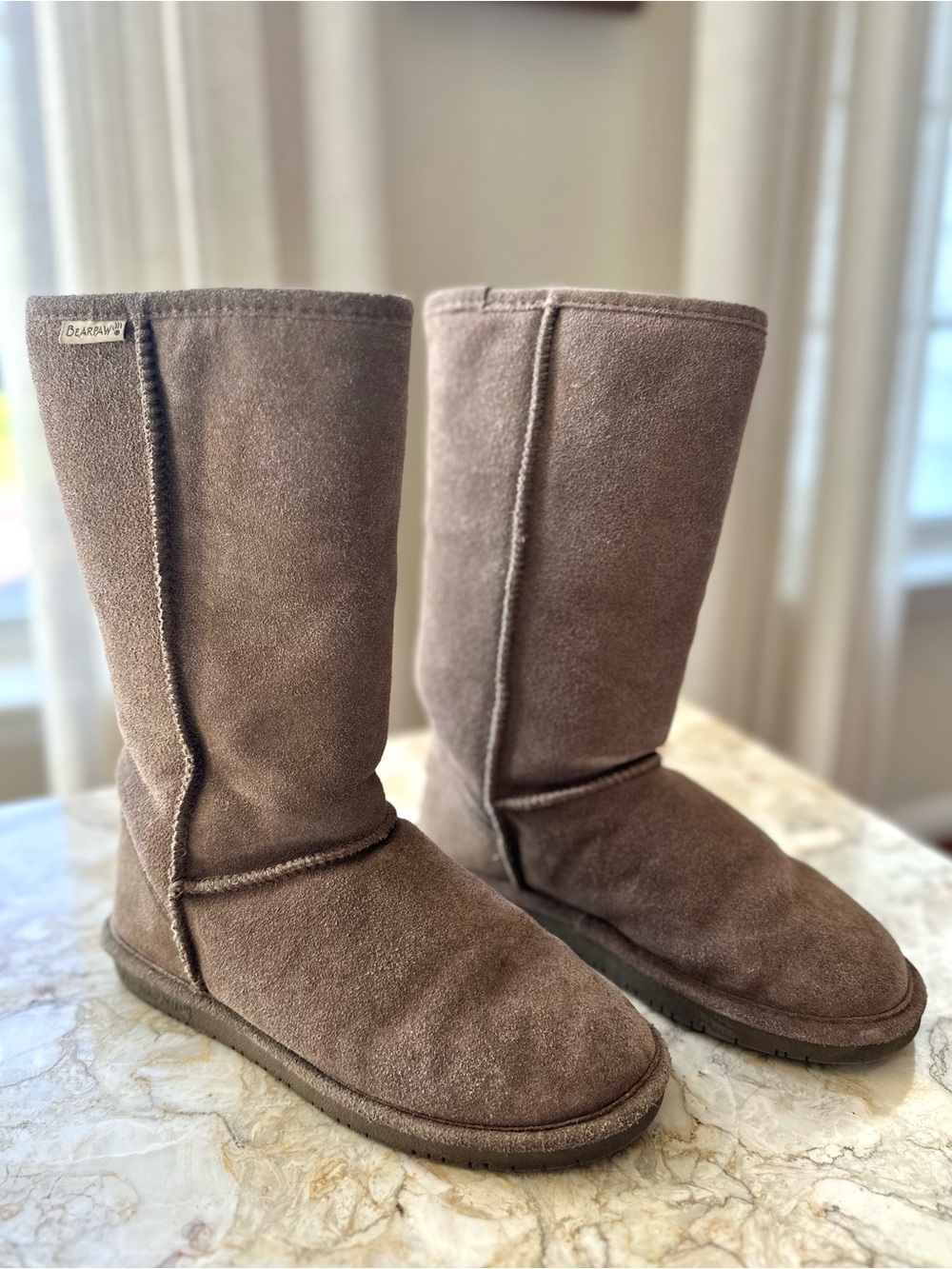 Bearpaw Suede Sheep Lined Emma Tall Boots size 7 taupe brown gray